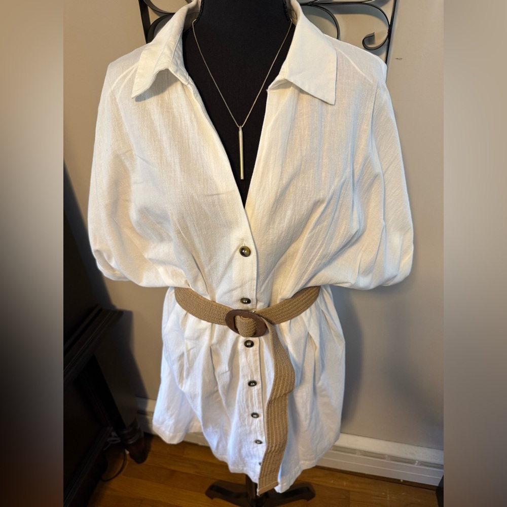 H&M Chic White Linen Blend Dress with Tan Belt - Picture 7 of 7